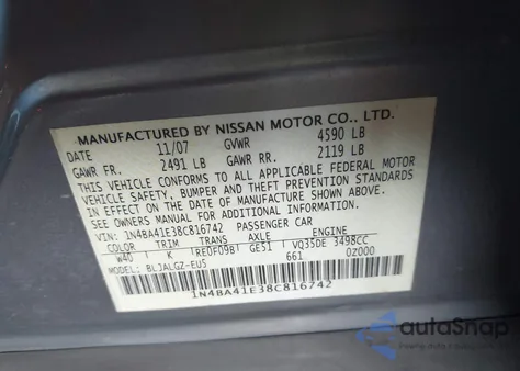 2008 Nissan Maxima 3.5 Sl from USA, damaged, VIN 1N4BA41E38C816742
